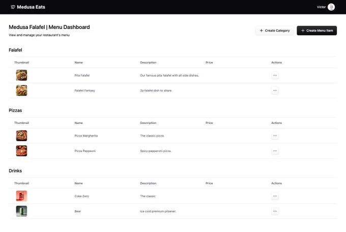 Medusa Eats restaurant menu dashboard