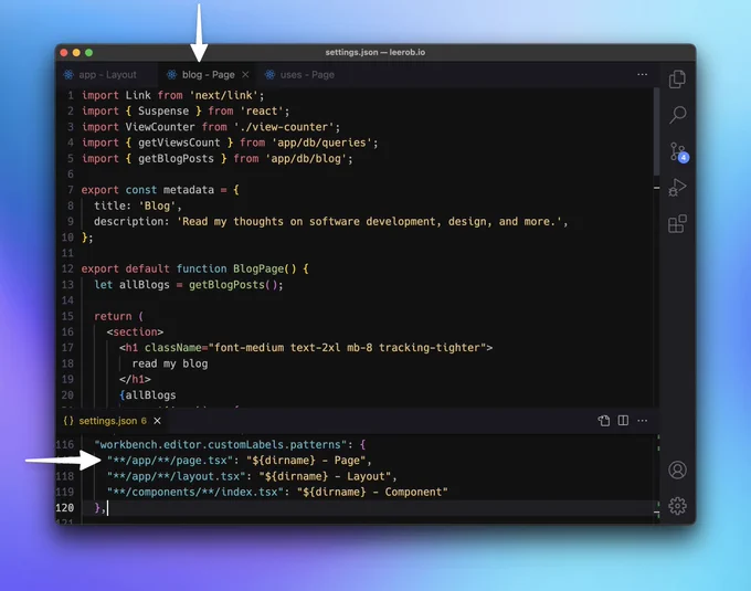 Screenshot of the VS Code editor, showing the settings file open with customLabels defined for layouts and pages, and an open page file showing "Blog - Page" instead of "page.tsx"