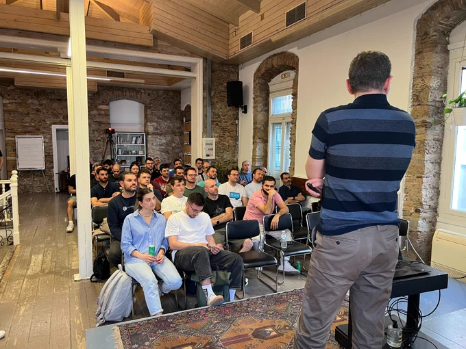 Nikos Kalogridis present during rhe 50th GreeceJS meetup.