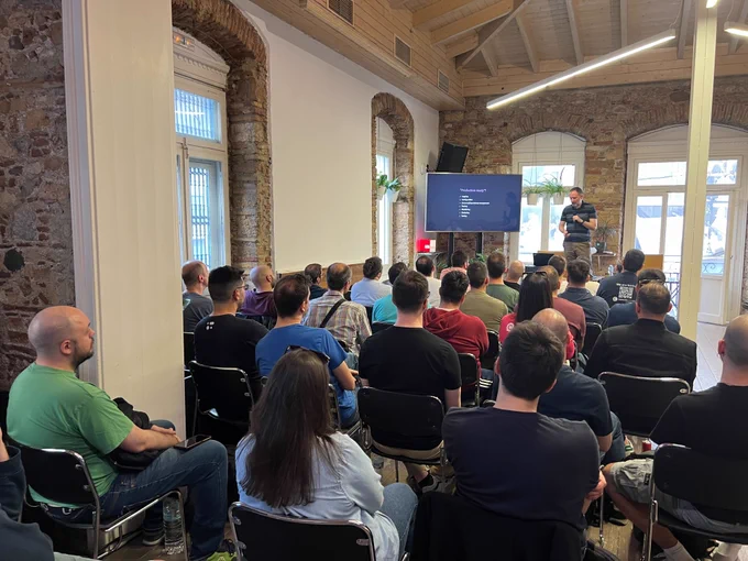 Nikos Kalogridis present during rhe 50th GreeceJS meetup.