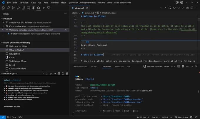 A screenshot of the new VSCode extension for Slidev.