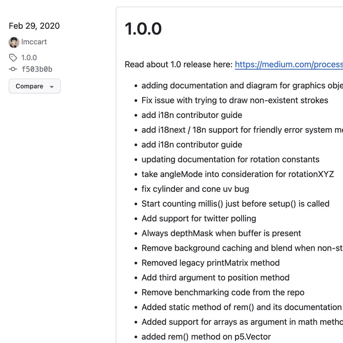 screenshot of p5.js 1.0.0 release on Feb 29, 2020