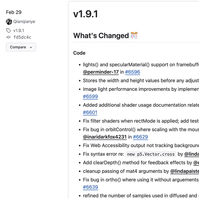 screenshot of p5.js 1.9.1 release on Feb 29, 2024