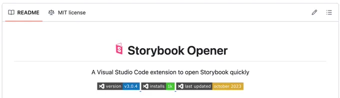 Screenshot of Storybook Opener README that has "intalls: 1k" badge