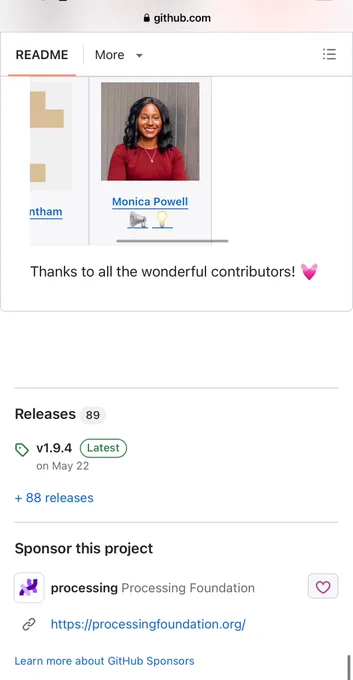 Picture of monica listed as contributor to p5js on GitHub.