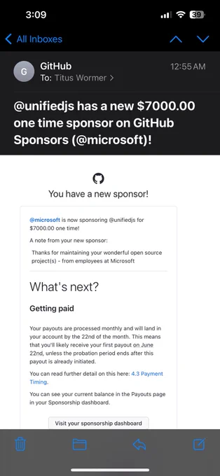 Email sent by GitHub notifying us that Microsoft is now sponsoring us for $7000 one time