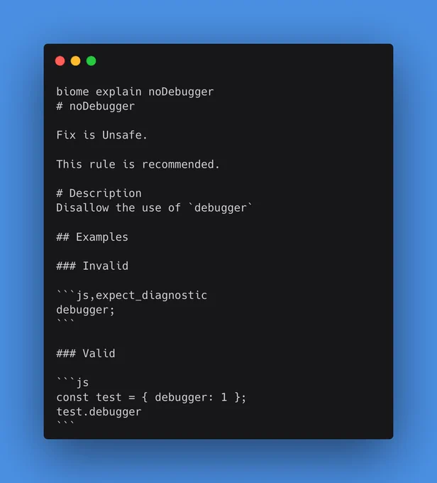 A terminal screenshot of the command "biome explain noDebugger". The output shows the documentation of the rule "noDebugger".