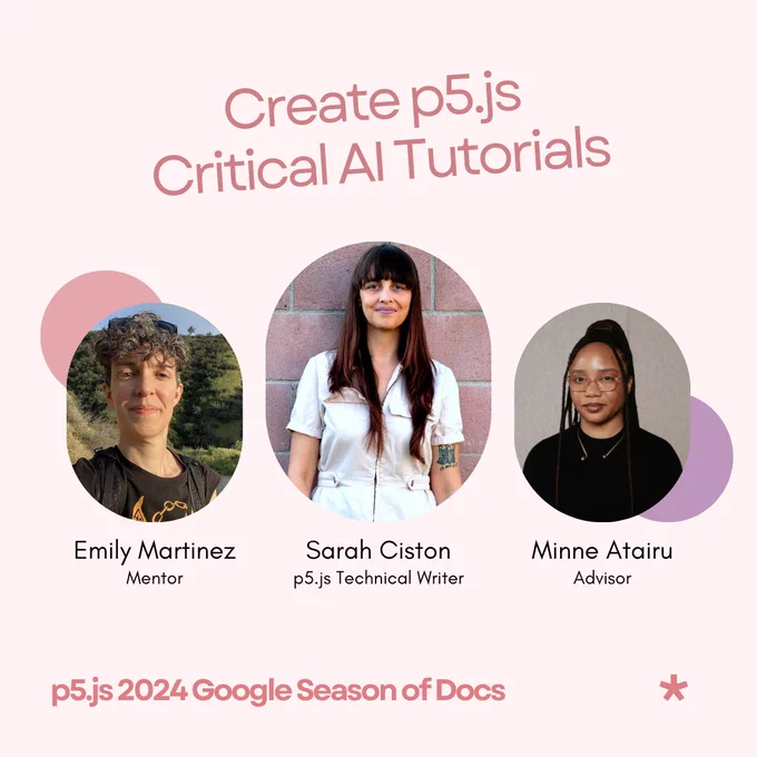 A light pink flier that reads ‘Create p5.js Critical AI Tutorials’ as its title. The flier features Emily Martinez as Mentor, Sarah Ciston as p5.js Technical Writer, and Minna Atairu as the Advisor from left to right. The footer reads, ‘p5.js 2024 Google Season of Docs’ at the bottom.