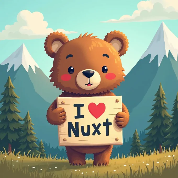 A Bear holding a sign mentioning I Love Nuxt