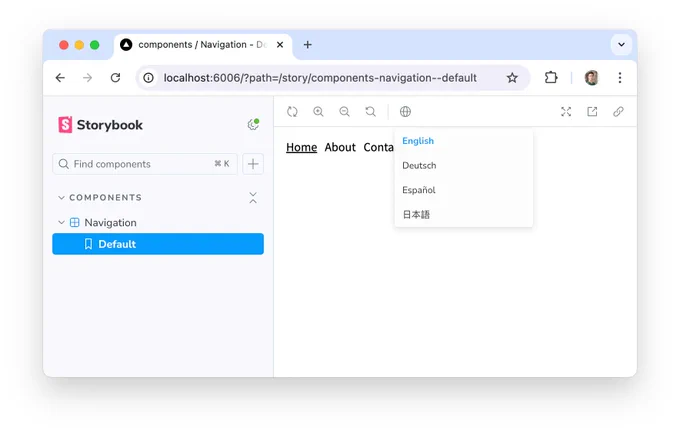 Screenshot of the Storybook integration for next-intl