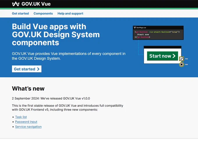 Screenshot of GOV.UK Vue homepage, with title Build Vue apps with GOV.UK Design System components 