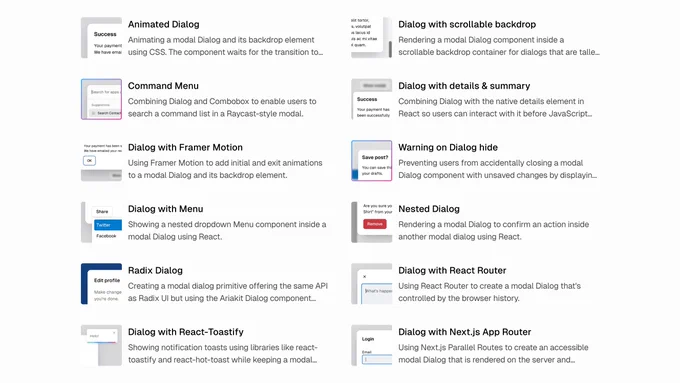 Screenshot of the Ariakit.org examples page