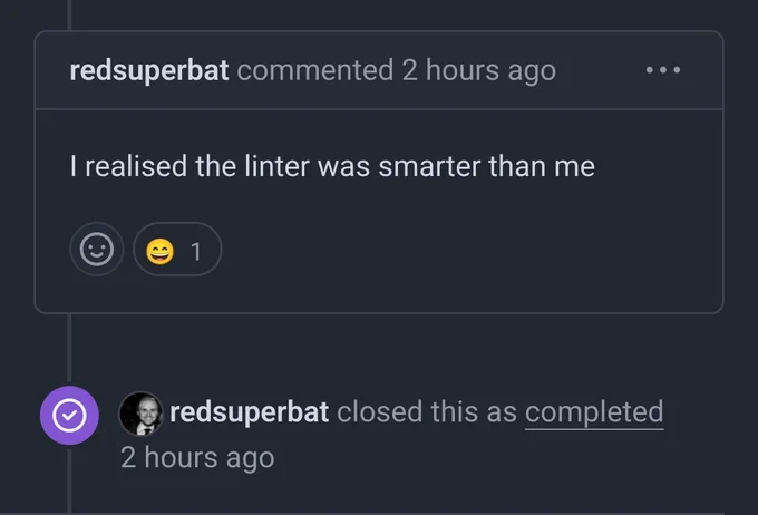 A screenshot of a GitHub issue where the user realises that Biome was prompting the correct suggestion, and closes the issue 