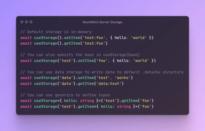 Various examples of useStorage() server util