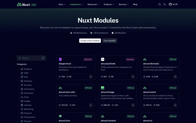 New Nuxt Modules pages on nuxt.com