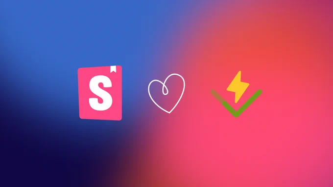 In a row, Storybook logo, a handdrawn heart, and the Vitest logo, on a purple-to-pink gradient background.