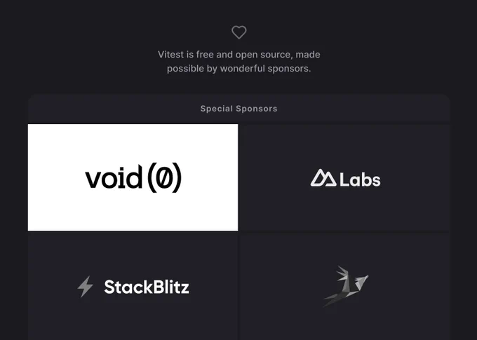 Vitest is free and open source, made possible by wonderful sponsors.

Special Sponsors: VoidZero, NuxtLabs, StackBlitz, Zammad