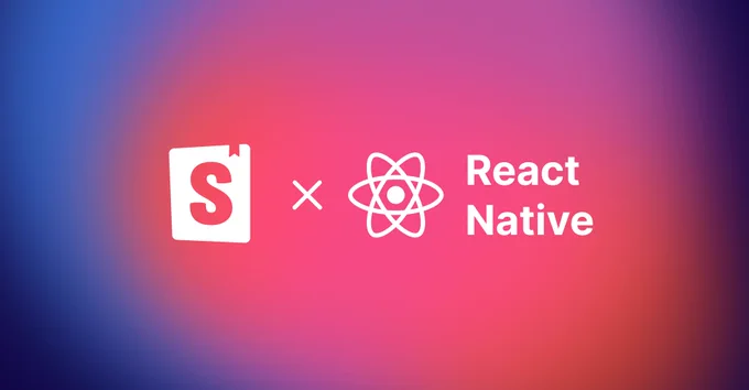 Storybook logo × React Native logo, on a pink and purple gradient background