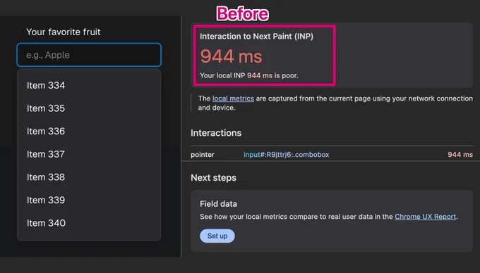 Screenshot of a combobox widget with hundreds of options, highlighting the devtools showing an Interaction to Next Paint (INP) metric of 944ms labeled "Before"
