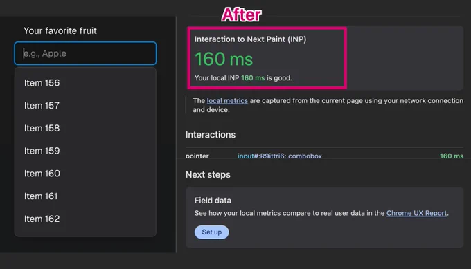 Screenshot of a combobox widget with hundreds of options, highlighting the devtools showing an Interaction to Next Paint (INP) metric of 160ms labeled "After"