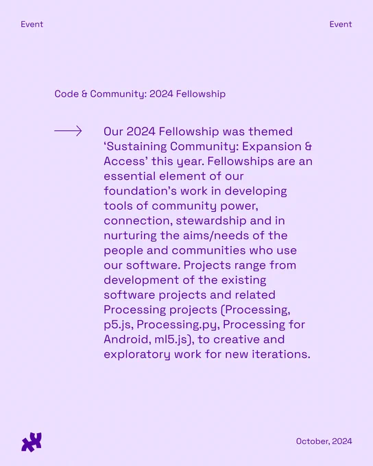 Promotional image for Code & Community's 2024 Fellowship themed 'Sustaining Community: Expansion & Access', highlighting their work in tools and stewardship within the software development community, including projects related to Processing such as p5.js and Processing for Android. Dated October 2024.