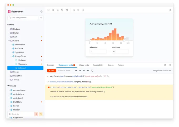 The Component tests addon panel in Storybook, showing a failed component test's steps