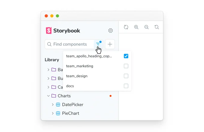 Storybook's filtering mechanism, showing the sidebar filtered to only show one tag