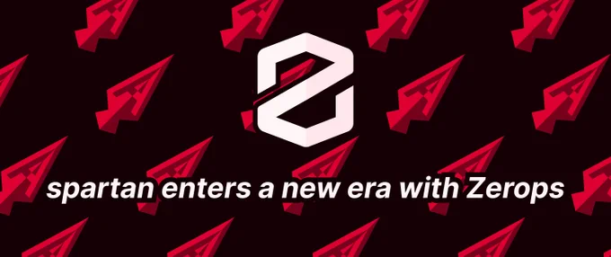 the white zerops icon, a stylized z in front of a bunch of spartan logos, which are red spearheads with an A inside in front of a dark red background 