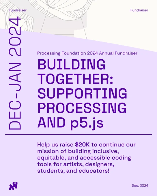 Promotional poster for the Processing Foundation 2024 Annual Fundraiser, titled 'Building Together: Supporting Processing and p5.js', to raise $20k to continue developing inclusive, equitable coding tools for artists, designers, students, and educators. The fundraiser is scheduled for December 2024 to January 2025.
