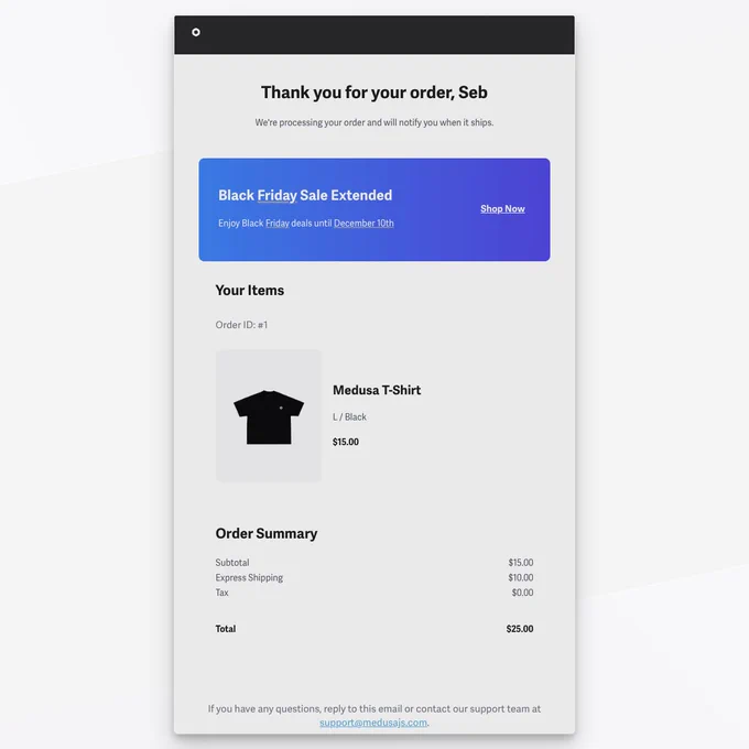 Order Confirmation email with Black Friday Sale Extended banner.