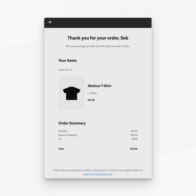 An order confirmation email for a Medusa T-Shirt.