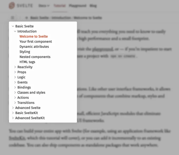 screenshot of the new navigation on svelte.dev/tutorial