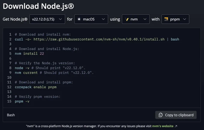 A screenshot of the new Node.js download page from the node.js website, where from a dropdown you can select pnpm to get instructions about how to setup pnpm with Node.js
