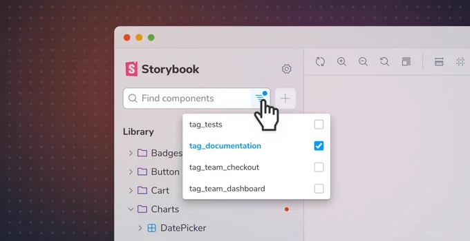 Storybook's sidebar with the filter menu open. The tag_documentation option is checked.