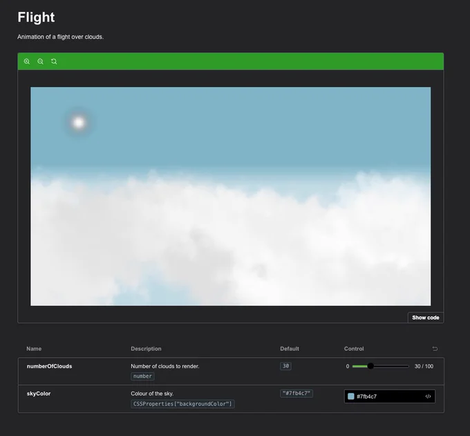 Screenshot of StorybookJS rendering a scene where the POV flies over white clouds against a blue sky.