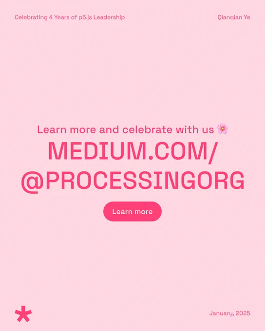 Learn more & celebrate with us on our medium: Medium.com/@processingorg. Includes a 'Learn More' button and the date January, 2025, at the bottom with a pink asterisk symbol.