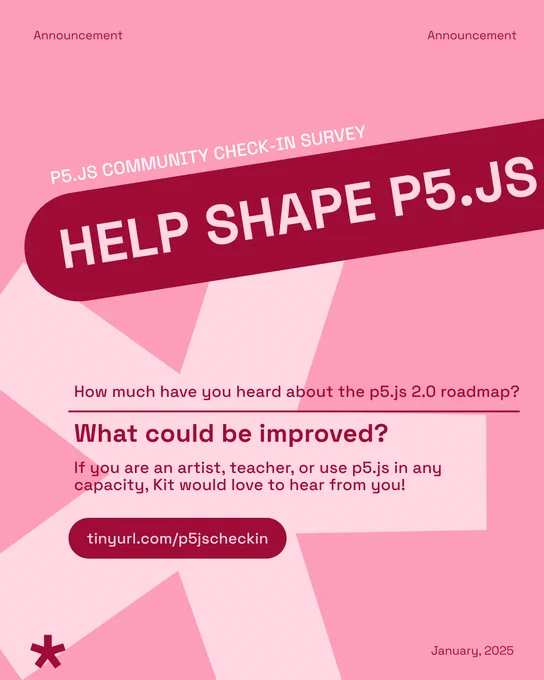 p5.js community check-in survey titled 'Help Shape P5.JS,' asking for feedback on the p5.js 2.0 roadmap and improvements. Includes a URL for the survey tinyurl.com/p5jscheckin and is dated January 2025.
