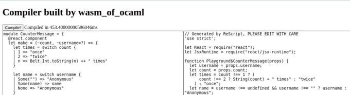 rescript built w/ wasm_of_ocaml compiled a demo code in 453.4ms