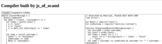 rescript built w/ js_of_ocaml compiled a demo code in 1284ms