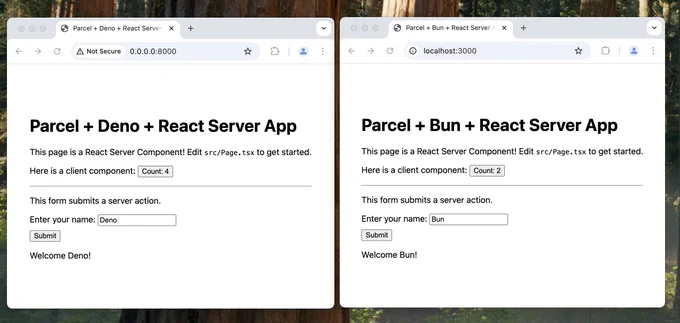 Screenshot of two chrome windows showing a Parcel + Deno + React Server App, and a Parcel + Bun + React Server App.