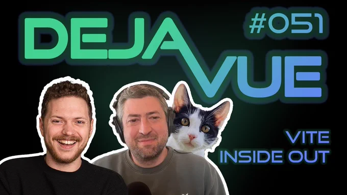 The thumbnail of DejaVue Episode #051 saying "Vite Inside Out" and showing Patak, Alex and Zorro (the cat of Patak)