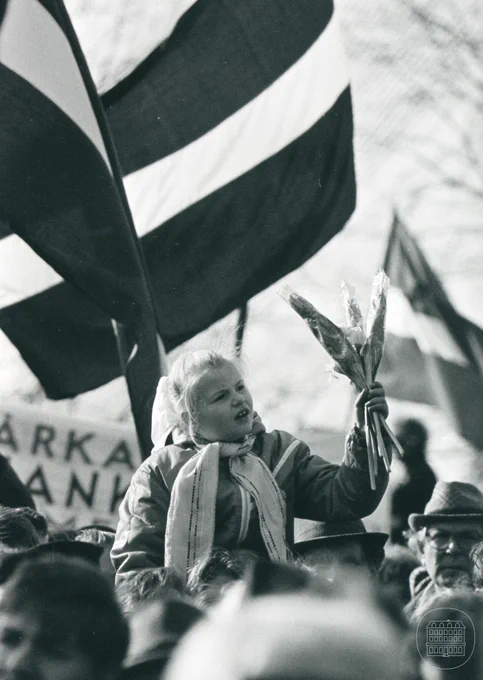 Latvijas Tautas frontes rīkotā manifestācija Daugavmalā “Daugav’s abas malas mūžam nesadalās” Latvijas PSR Augstākās Padomes vēlēšanu priekšvakarā. 1990. gada 17. marts. Fotogrāfs Leons Balodis. LNVM krājums.