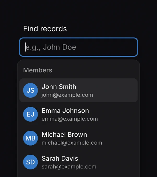 Screenshot of combobox with groups in dark mode