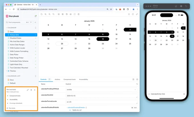 Marcelo Prado's React Native Flash Calendar running side-by-side in both RNW and RN. The RNW Storybook includes the Docs and Test addons. A test run shows that the calendar passes all WCAG accessibility checks!