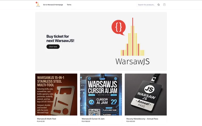 The image shows the WarsawJS website store, promoting JavaScript programming events. At the top, there is a button to purchase tickets for the upcoming event. Below, there are three products: a multi-functional tool, a participant card, and an annual pass. The whole thing is kept in a modern, minimalist style with dominant colors of black and white, complemented by accents in shades of red and yellow.