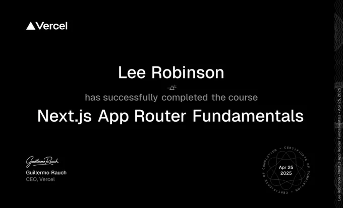 Certificate for completing a Next.js Learn course