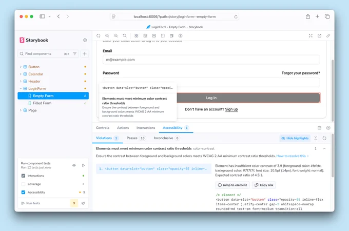 Storybook showing a story with accessibility violations, detailed in both the accessibility addon panel and the highlight menu in the story preview