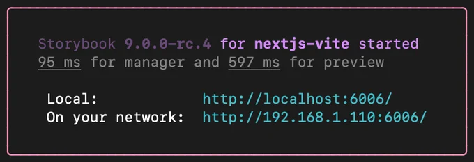 CLI output when starting Storybook with the nextjs-vite framework