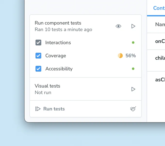 Storybook's test widget, showing a 56% coverage summary