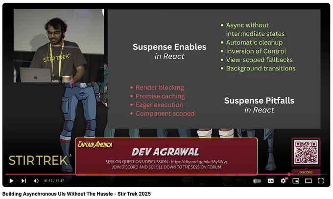 A screenshot of "Building Asynchronous UIs Without The Hassle - Stir Trek 2025" talk by Dev